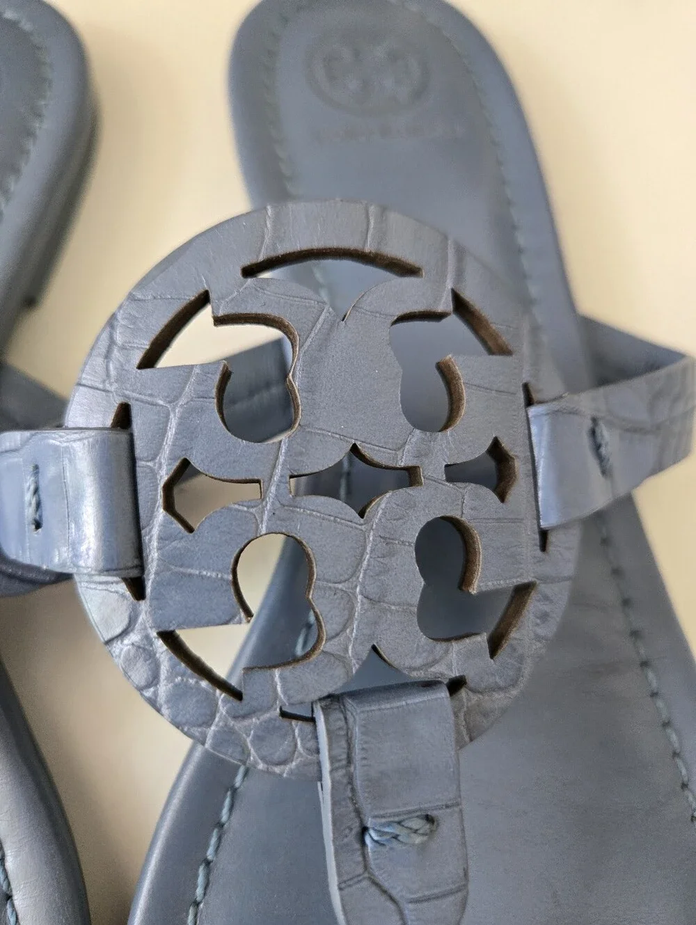 Tory Burch Croc Embossed Blue Miller Sandals